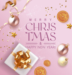 Fototapeta na wymiar Merry Christmas and Happy New Year Xmas design with light garland, realistic gifts box, white and pink balls and glitter gold confetti with orange. Christmas poster, holiday banner top view background