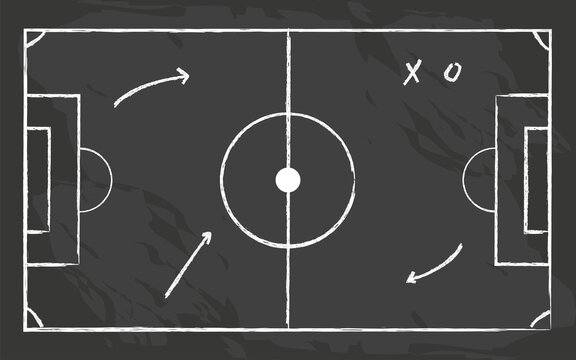 Soccer game tactical scheme with football players and strategy arrows on chalk black board