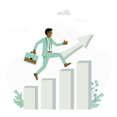 Manager, businessman or company executive running on bar graph and up arrow. Flat design vector concept for growing business, investment, risk, career, success.