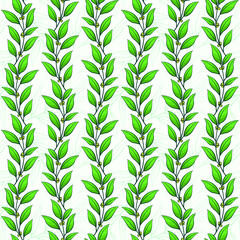 Vector seamless pattern with green vertical foliate branches; for greeting cards, wrapping paper, posters, banners, packaging.