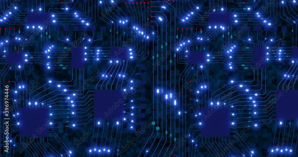 Poster abstract technology concept with moving green lights and imitation of a printed circuit board on a b