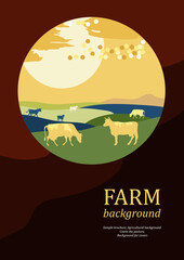 Sample brochure. Agricultural background. Sunset. Cows made up of circles. Silhouettes of cows.