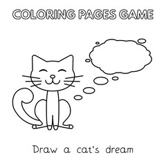 Funny cat kids learning game. Vector coloring book pages for children. Draw a cat dream