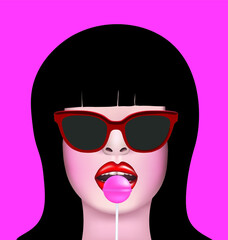 Retro woman with lollipop. vector