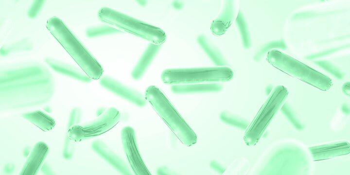 Probiotics. Restoring the gut flora. Green color. Lactobacillus. 3d illustration.