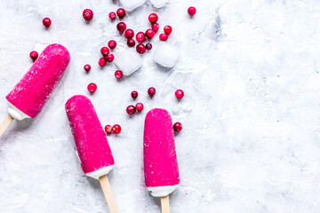 frozen cowberry and fruit ice-cream on gray table background top view mock-up