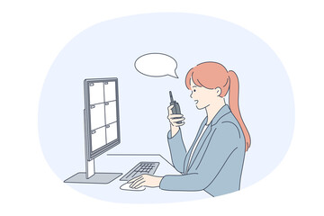 Female Professions, working as security guard concept. Young woman professional security specialist communicating on radio and looking at computer screen. Job, specialist, working sphere illustration 