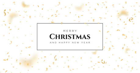 Merry Christmas and Happy New Year vector banner with golden confetti.