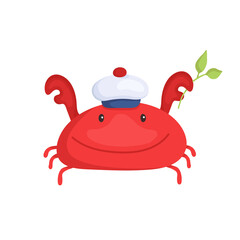 vector sea crab in a hat holding a branch with leaves. isolated on white background. cute marine animal.funny smiling underwater character in cartoon style.aquatic happy red lobster.
