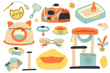 vector set of accessories,toys for animals. equipment for care of cats. elements of the pet store in a flat style. cute hand drawn veterinary collection for design,web. isolated on white background.