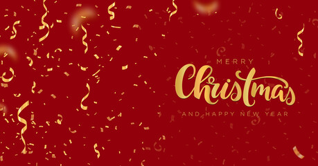 Fototapeta na wymiar Merry Christmas and Happy New Year vector banner with golden confetti.