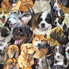 Vector semless pattern cute realistic dogs heads