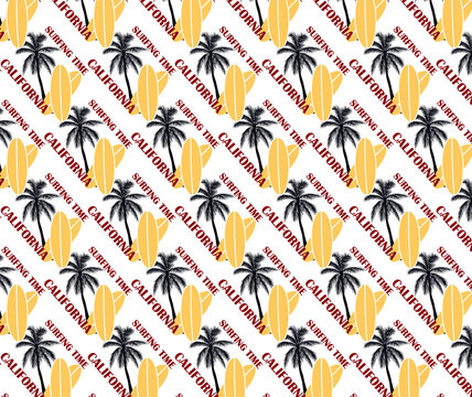 Seamless background surfing time California allover pattern. Surf, palm tree wallpaper, or fashion allover print (AOP) design. Vector illustration.