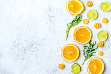 sliced citrus on stone table background top view mock up
