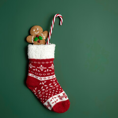 Creative layout made with Christmas socks, gingerbread man and candy cane on green background. Minimal New Year season concept. Top view, flat lay.