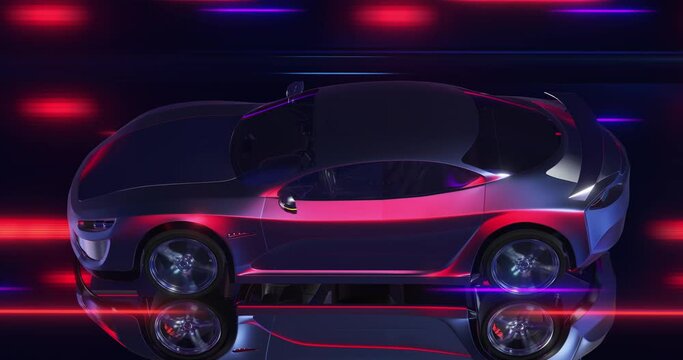 Luxury Super Electric Car On The Road. Light Trails Around. High Speed Performance Vehicle. Technology And Industry Related 3D Animation