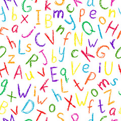 Crayon alphabet pattern. Children drawing style color letters collection. Hand drawn wax crayons font on white background. Isolated chalk style abc. Bright colorful crayon symbols. Chalk styled type. 
