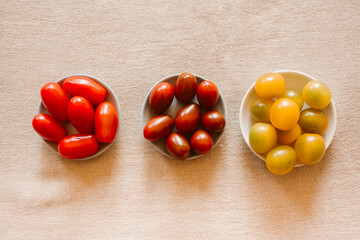 Different kind of organic tomatoes in a bowl.	