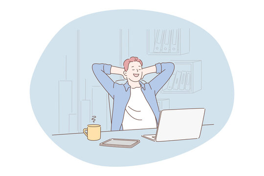 Working in office, modern company worker, online communication concept. Young happy man cartoon character sitting on workplace with laptop and coffee and enjoying coffee break in office 