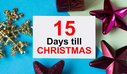 Christmas toys with greeting card with text 15 Days till Christmas