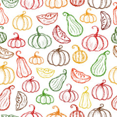 Crayon pumpkins pattern. Children drawing chalk style pumpkin print. Hand drawn wax crayons art on white backdrop. Chalk style isolated pumpkin. Color pastel crayons  freehand drawn chalk line pumpkin