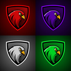 Set of Falcon Head Mascot E-sport Logo with a shield - Animals Mascot E-sports Logo Vector Illustration Design Concept.