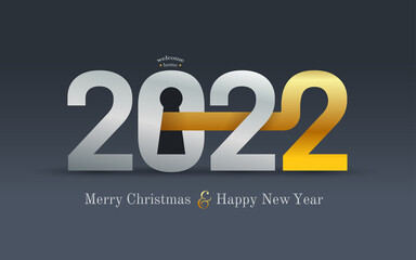 2022 New Year card for real estate company. Happy new year 2022 concept with golden key and door lock. Realty. Welcome home. Vector illustration. Isolated on black background.