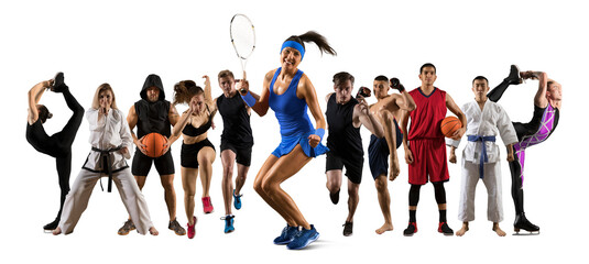 Sport collage. Tennis player, soccer, figure skating, taekwon-do, karate, MMA, basketbal