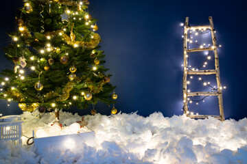 Christmas scene with Christmas tree, gifts and holiday lights