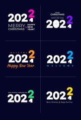 Set of Happy new year 2022. Cover of card, print, overlay or stamp, seal, greeting, invitation card for 2022. Vector illustration. Isolated on blue background.