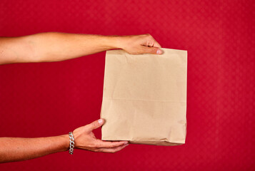 Closeup courier hand holding grocery paper bag, delivery service