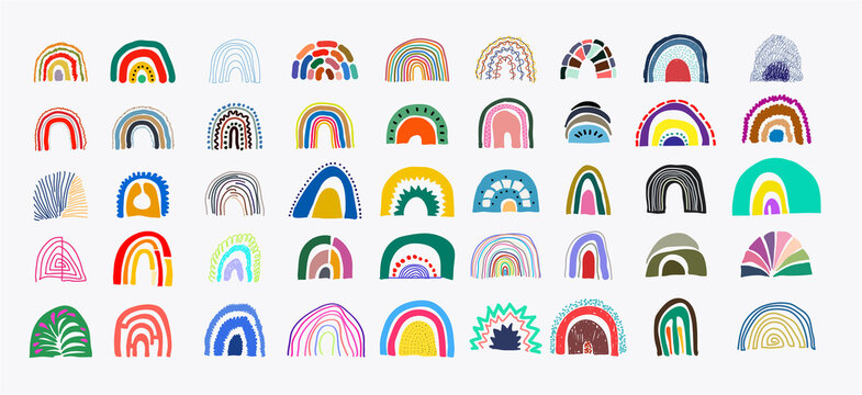 Fototapeta Set of rainbow abstract drawing. Modern hand drawn rainbows in minimalist scandinavian style. Kid sketch. Rainbow in different shapes. Colored contemporary art. Vector isolated on white background.