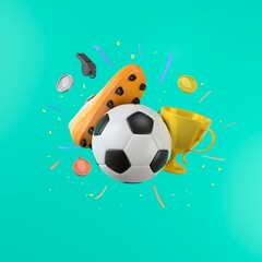 football sports object on blue background. football shoes kick the ball. gold cub and gold medal silver copper. football concept design. sport competition. celebration winner. symbol 3d illustrator