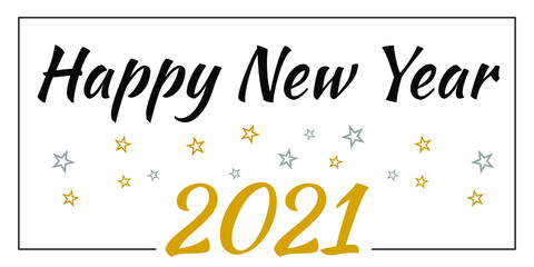 2021 handwritten lettering with golden Christmas stars Happy New Year card design. Vector illustration EPS