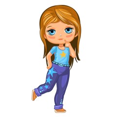 Cute little girl in jeans with stars. Cheerful funny child in a good mood. The isolated object on a white background. Young baby in beachwear. Cartoon flat style. Vector