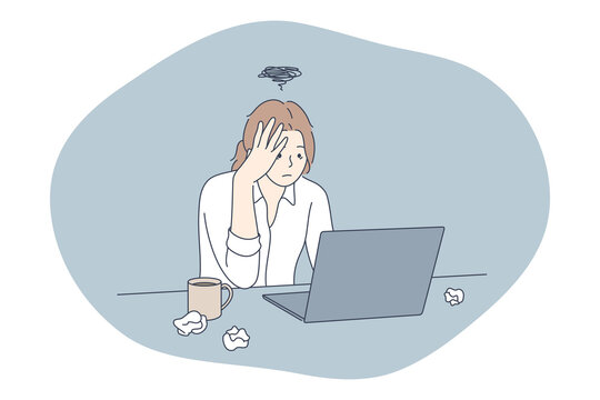 Stress, overwork, overload concept. Unhappy depressed stressed young woman office worker sitting with many notes and laptop and feeling stressed and tired in office. Exhaustion, depression vector