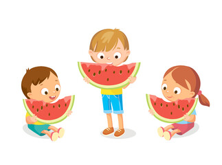 Vector isolated picture of kids children eating large red watermelon. Boy and girl sitting and standing.