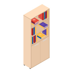 Isometric bookcase isolated on white background. 3d rendering. Vector illustration.