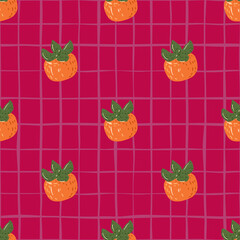 Orange ripe simple persimmons shapes seamless pattern. Pink chequered background. Food backdrop.