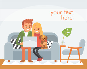 Vector portrait picture of young family,couple with puppy sitting on the couch sofa,doing online shopping order,having conversation talk over video chat,watching video photo content on laptop