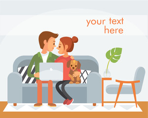 Vector portrait picture of young family,couple with puppy sitting on the couch sofa,doing online shopping order,having conversation talk over video chat,watching video photo content on laptop