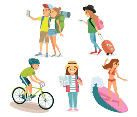 Set of active people doing performing leisure outdoor activities, walking, cycling, surfing, travelling in different poses. Surfer rides the waves. Couple pair making selfie. woman walk with baggage.