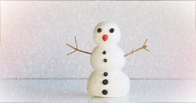 Moving snowman figure on winter frozen background with snowflakes animation. Mockup, artificial scene, greeting card, seasonal background. Winter snowing.