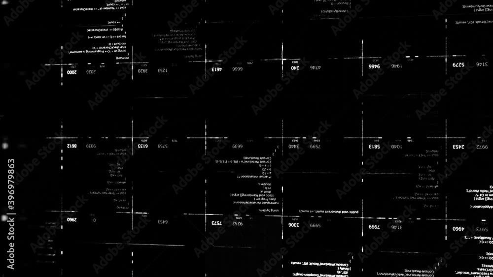 Poster white digital codes in cells with numbers on black background. animation. lot of changing data movin