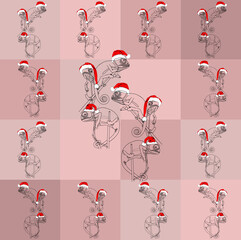 Pattern. Reptiles. Geckos in Christmas hats. Background. Stylish creative illustration for packaging, printing, banners. Trend. Cartoon character. For printing and design of advertising materials