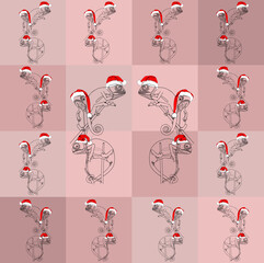 Pattern. Reptiles. Geckos in Christmas hats. Background. Stylish creative illustration for packaging, printing, banners. Trend. Cartoon character. For printing and design of advertising materials