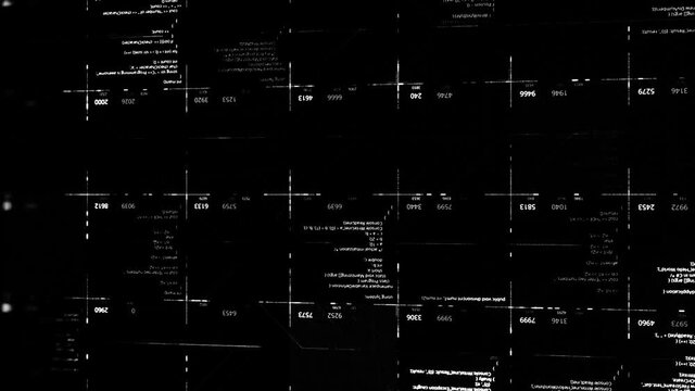 White digital codes in cells with numbers on black background. Animation. Lot of changing data moving on a machine monitor, seamless loop, monochrome.