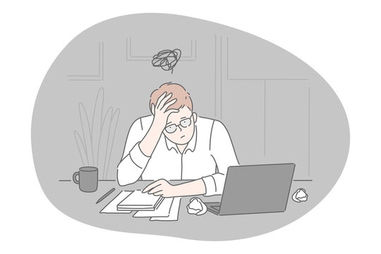 Stress, overwork, overload concept. Unhappy depressed young man office worker sitting with heap of documents and much work and feeling stressed and tired in office. Exhaustion, depression vector