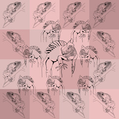 Pattern. Reptiles. Geckos are mammals. Lizards. Background. Stylish creative illustration for packaging, printing, banners. Trend. Cartoon character. For printing and design of advertising materials