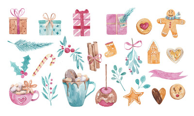 Merry Christmas set with traditional elements (cookies, gifts, plants) isolated on white background. Watercolor illustration